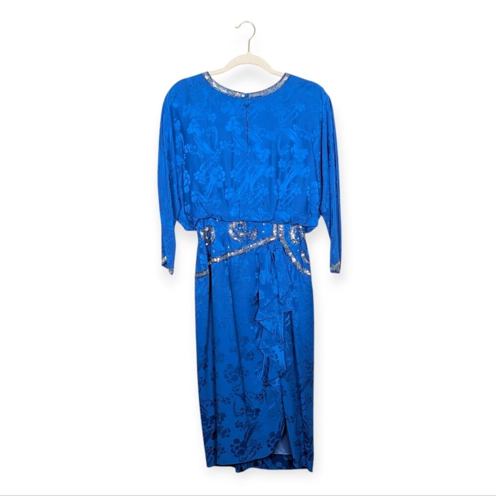 Vintage Lauren Alexandra Dress 12 Blue Silk Floral Jacquard Sequin Formal